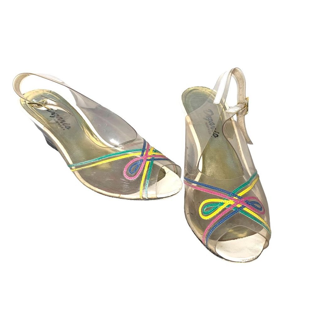 Vintage 80s Clear Peep Toe Multicolor Slingback Wedges 6